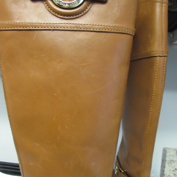 MICHAEL KORS Stockard Cognac Leather Tall Riding Boot Gold MK Sz 5.5 - Picture 7 of 16
